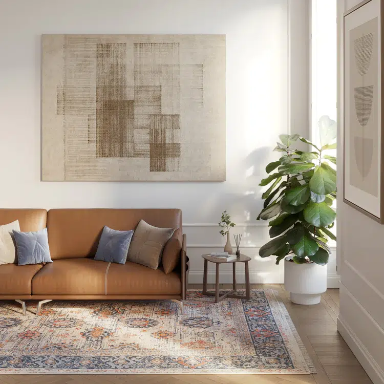 Modern living room featuring the Babylon Rose Rug, blending traditional medallion patterns with contemporary furniture and decor.