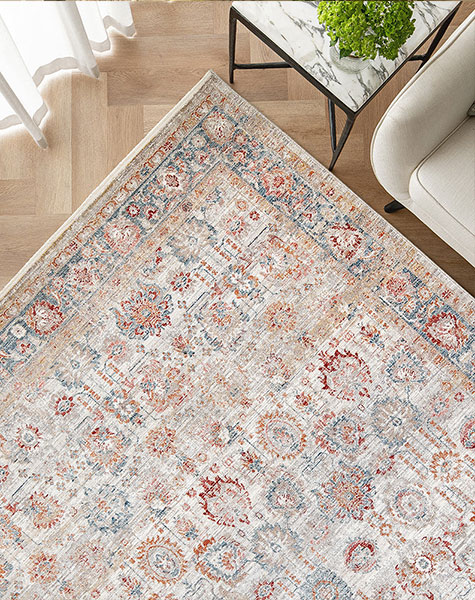 Corner view of the Bustan Rug featuring intricate floral patterns and a decorative border in beige, blue, and red tones, styled in a bright living space.