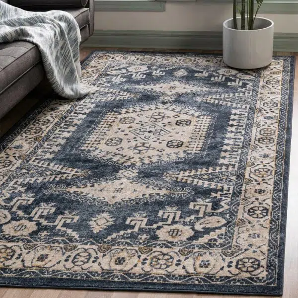 Luxurious Khalifa Imperial Rug in black and beige tones, styled in a bright living room with modern decor.